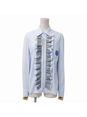 Prada Long Sleeve Shirt 38 Striped Zip Up Ruffles Rubber Logo